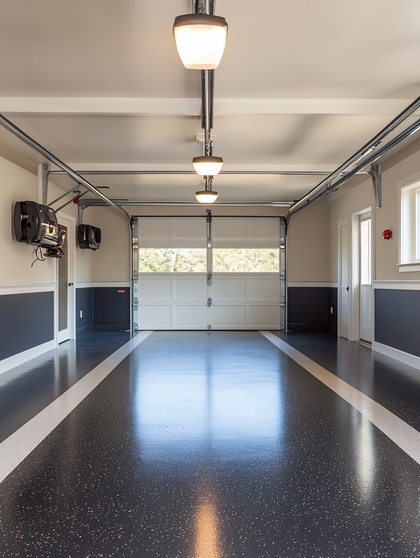 An empty, well-lit garage with a glossy black and white floor, open garage door, and overhead lights.