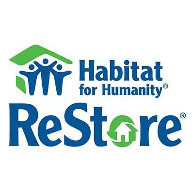 Habitat for Humanity ReStore logo: blue and green with people under a roof, and a recycling symbol.