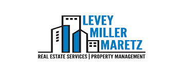 Logo of Levey Miller Maretz, real estate services and property management. Featuring buildings, text, blue and black colors.