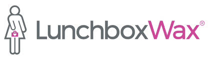 Logo for LunchboxWax: a woman figure with a handbag, next to the brand name in grey and pink.