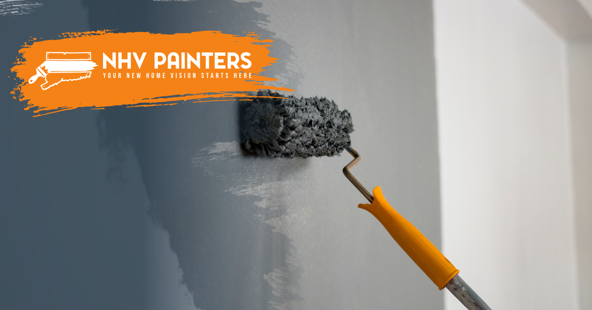 Paint roller applying gray paint to a wall with NHV Painters logo in the top left