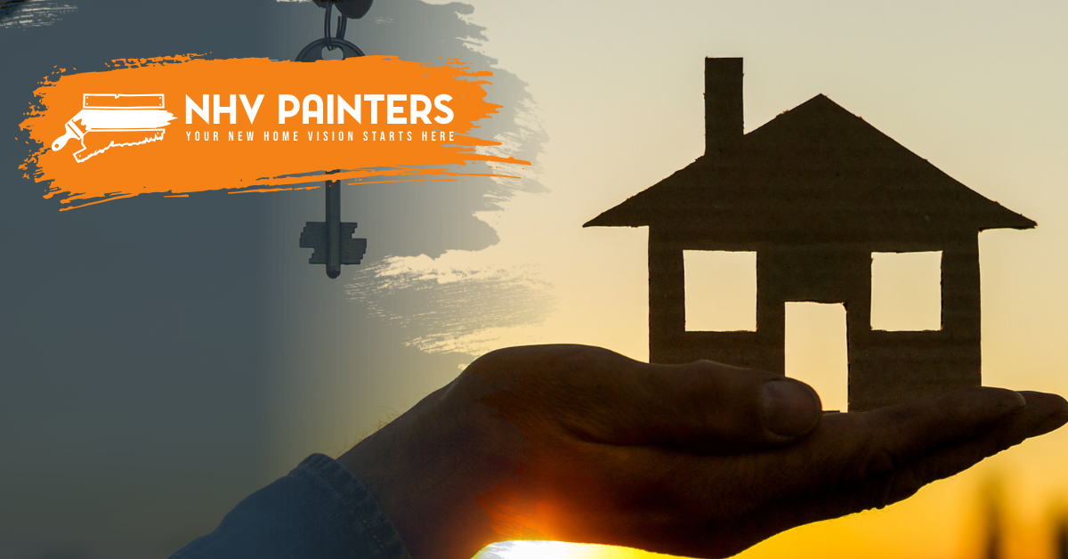 NHV Painters logo over a sunset silhouette of a house in a hand