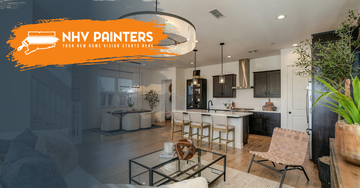 NHV Painters logo over a bright modern kitchen and living room interior