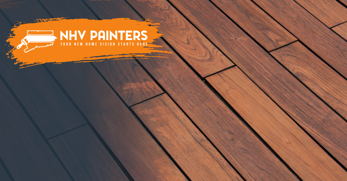NHV Painters logo on orange brushstroke over a close-up of painted wooden deck boards