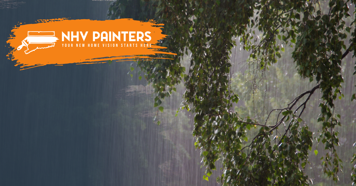 NHV Painters logo on an orange brushstroke over a rainy outdoor scene with trees