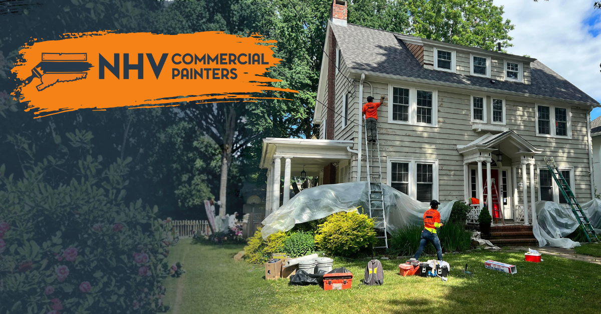 New Haven Painters LLC staff work on the exterior of a residential home, using ladders and protective coverings.