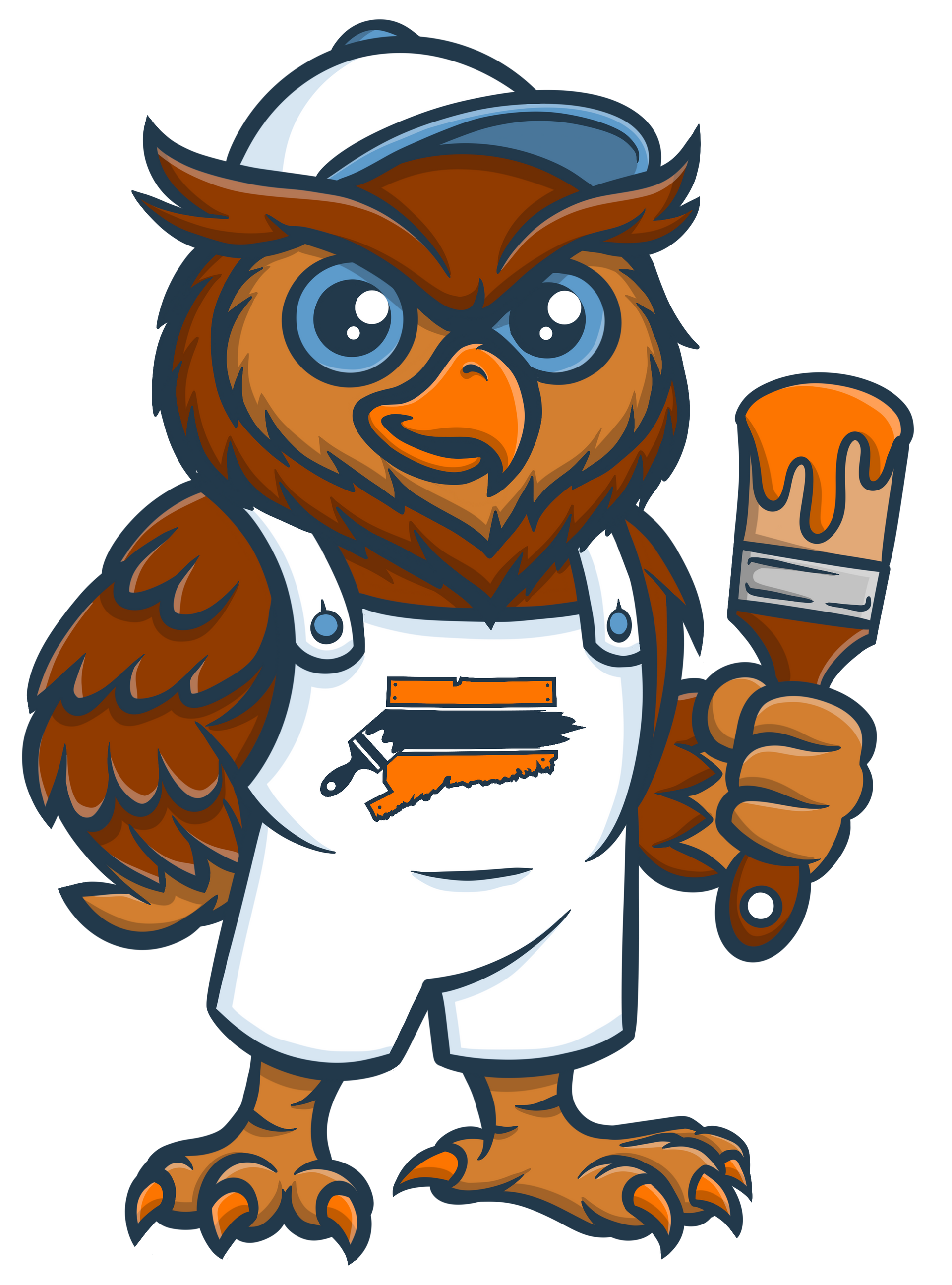 An owl wearing a painter's cap and overalls, holding a paint brush. The owl is orange and brown with a cheerful expression.