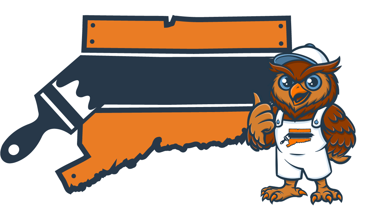 An owl mascot in a painter's outfit gives a thumbs up next to a paint brush over an orange-colored state outline.