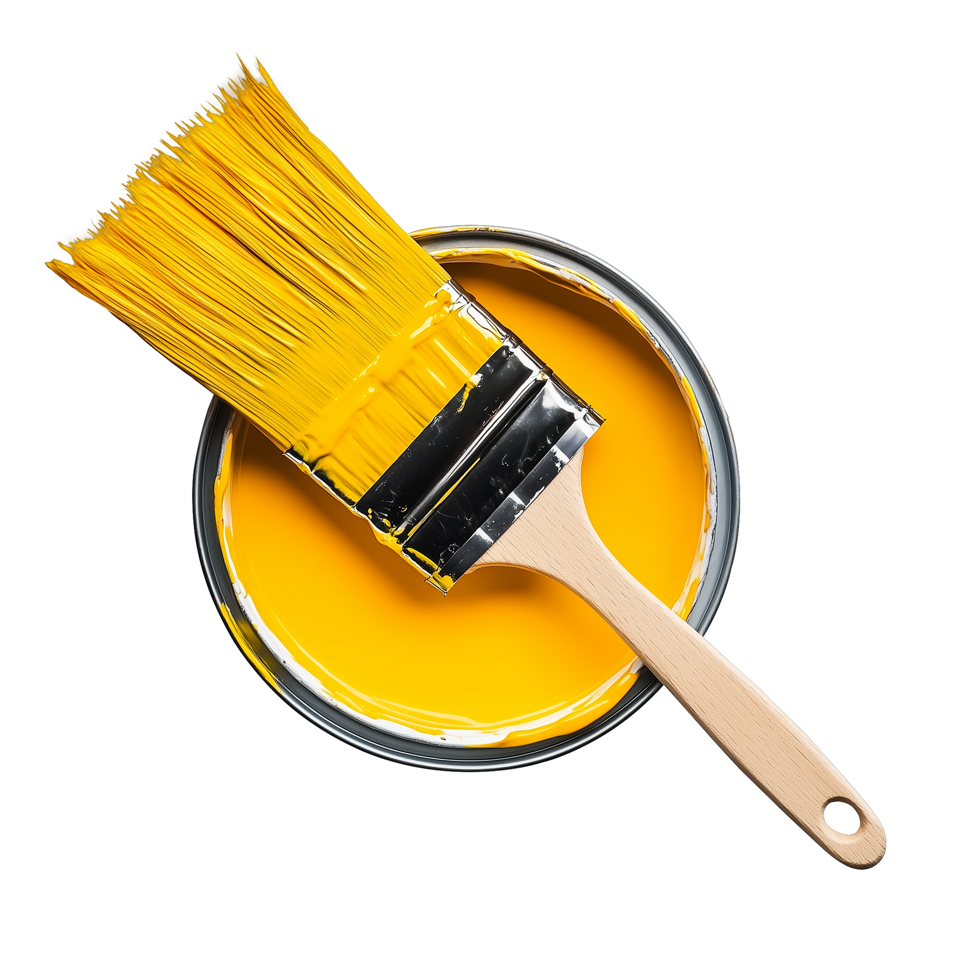 A paint brush is sitting on top of a can of yellow paint.
