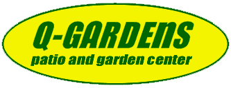Logo for Q-Gardens, a patio and garden center, in a yellow oval with green text.