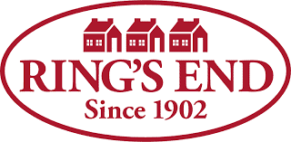 Logo of Ring's End, with three houses and the words