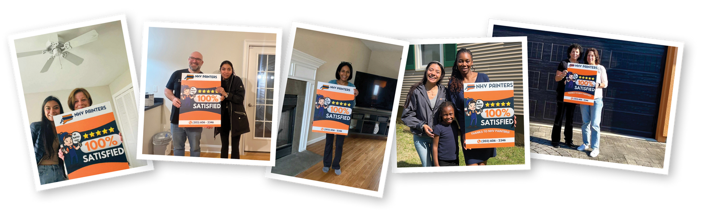 People holding 100% Satisfied signs, standing in front of homes and indoors.