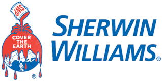 Sherwin-Williams logo: a paint can pouring red paint over the Earth, with blue text