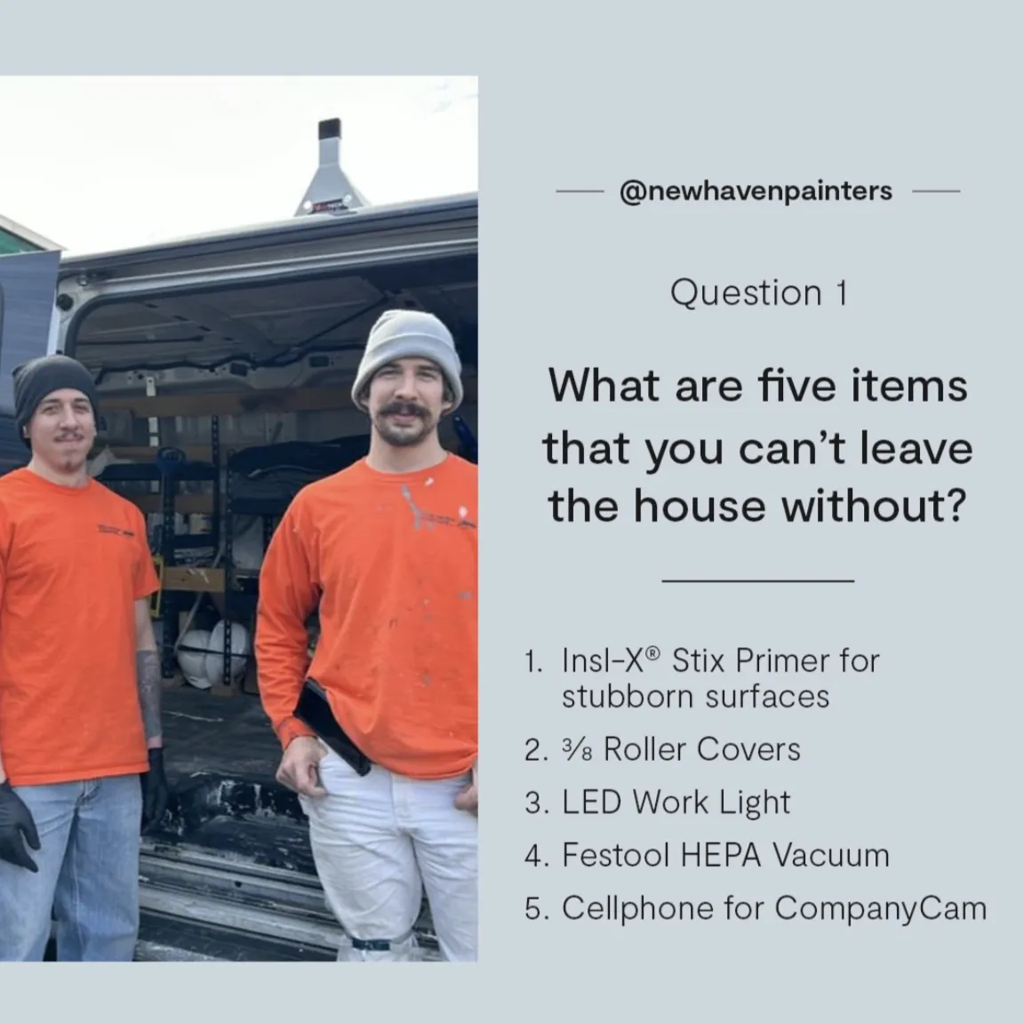 Two painters with a list of essential items for painting, including primer, roller covers, and a vacuum.