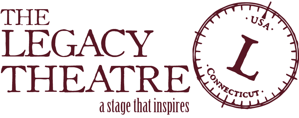 Logo for The Legacy Theatre in Connecticut, featuring text and a clock-like design with the letter