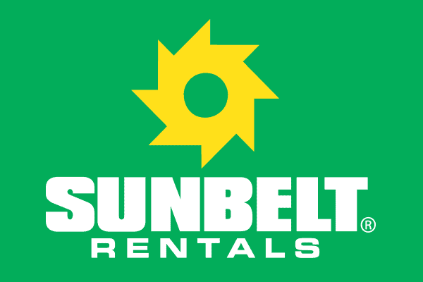 Sunbelt Rentals logo: yellow sunburst over company name in white on green background.