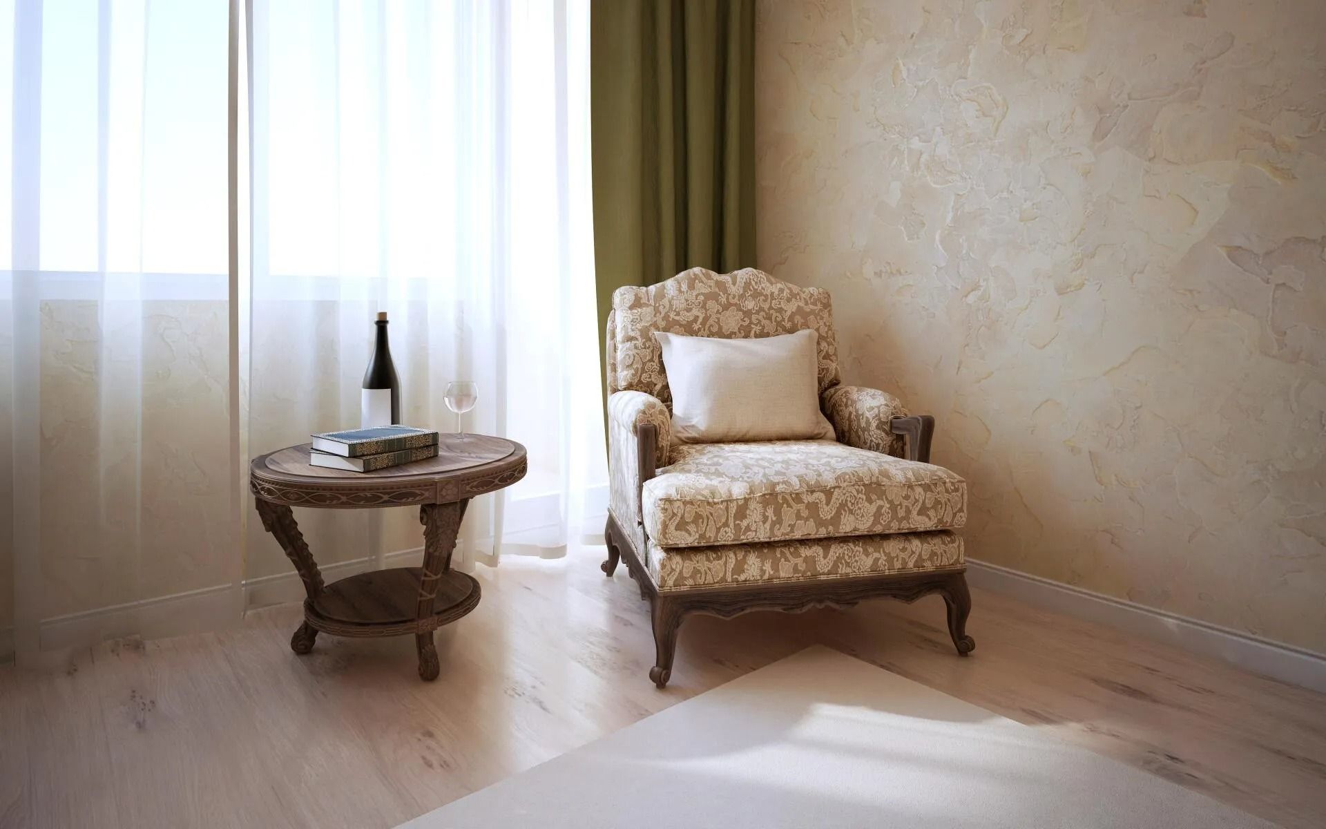 Cozy sitting area with a patterned armchair, small table, and light streaming through a window with sheer curtains.