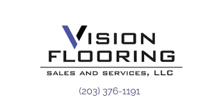 Logo for Vision Flooring, black text on white, with a blue