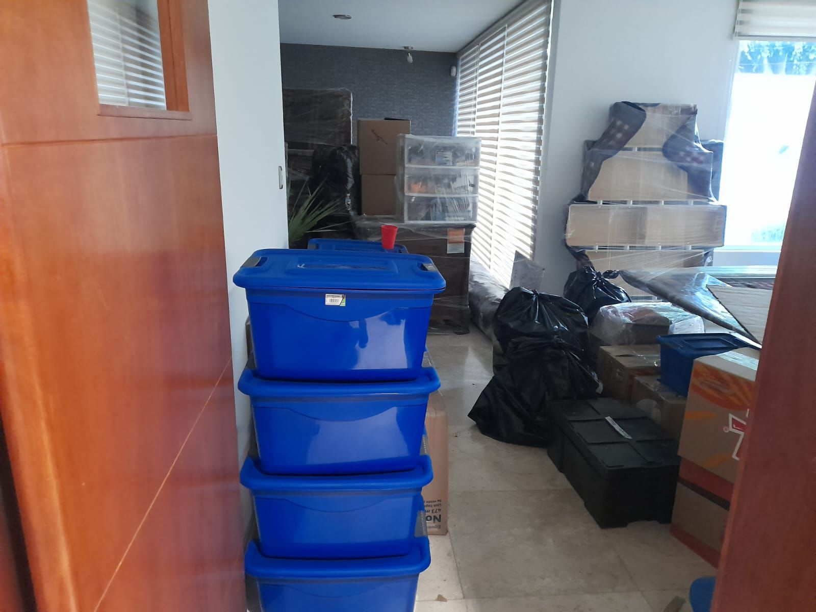 Un pasillo con cajas de mudanza y contenedores azules apilados. La luz entra a raudales por una ventana.