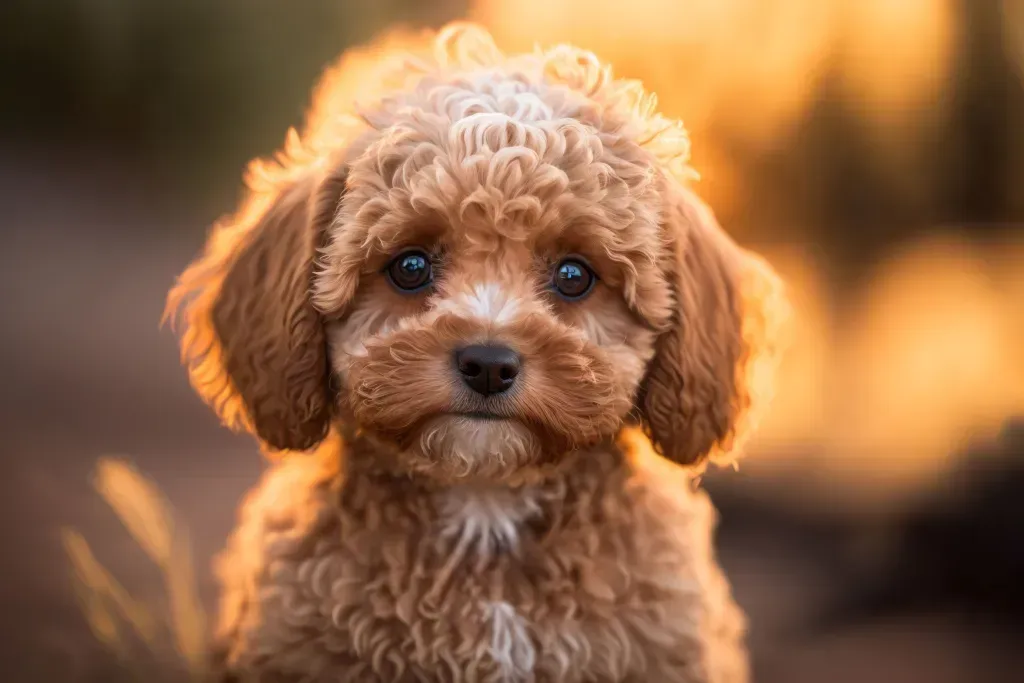 A small, fluffy, brown Cavapoo puppy with big, dark eyes gazing forward in a golden outdoor setting.