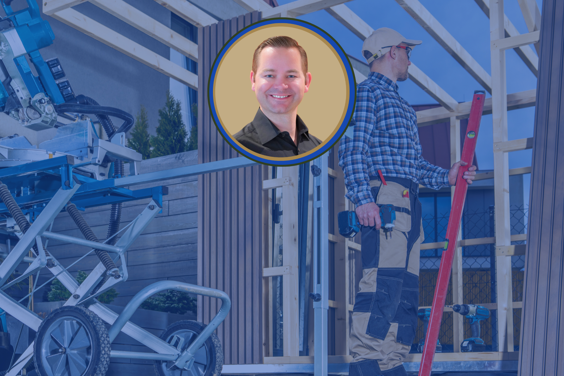 man in blue plaid shirt measuring plywood inside a partially framed structure