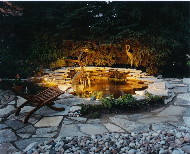 A softly lit garden pond at night, surrounded by stone pavers, lush greenery, and crane statues.