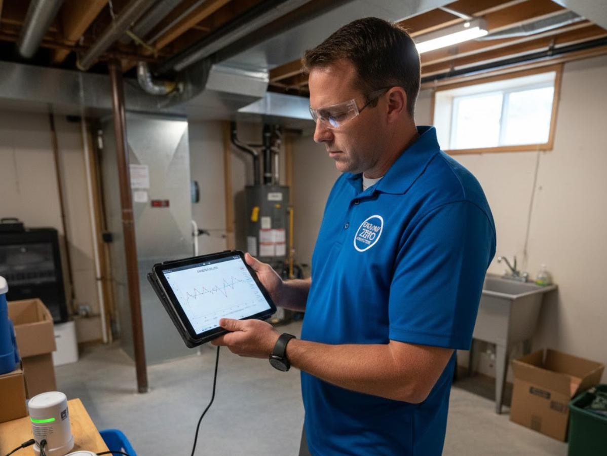 Man in blue shirt, safety glasses, holding tablet, inspecting basement.
