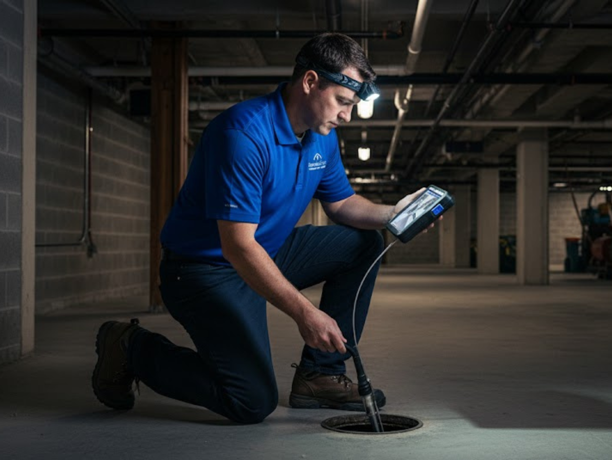 Man with headlamp inspecting drain pipe in a basement, holding a screen.