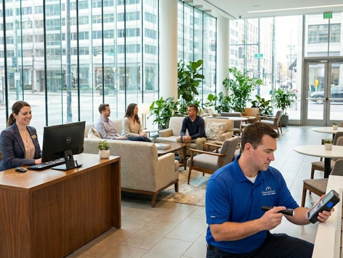 Lobby with receptionist, visitors on sofas, and a man in blue using a handheld device. Light-filled with plants.