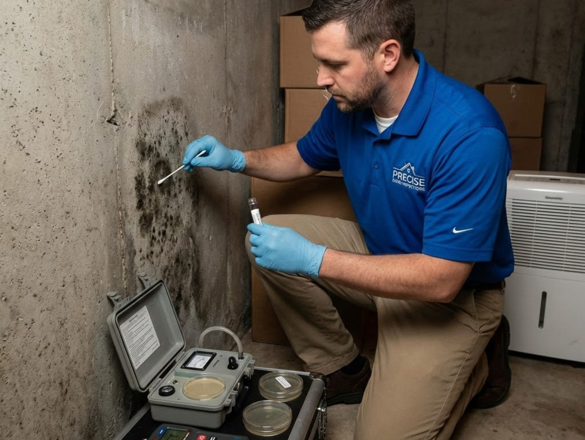 Man in blue shirt testing mold on basement wall. He's wearing gloves and using a swab and testing kit.