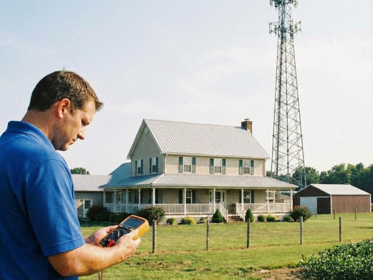 Man using a multimeter in front of a house and cell tower on a sunny day.
