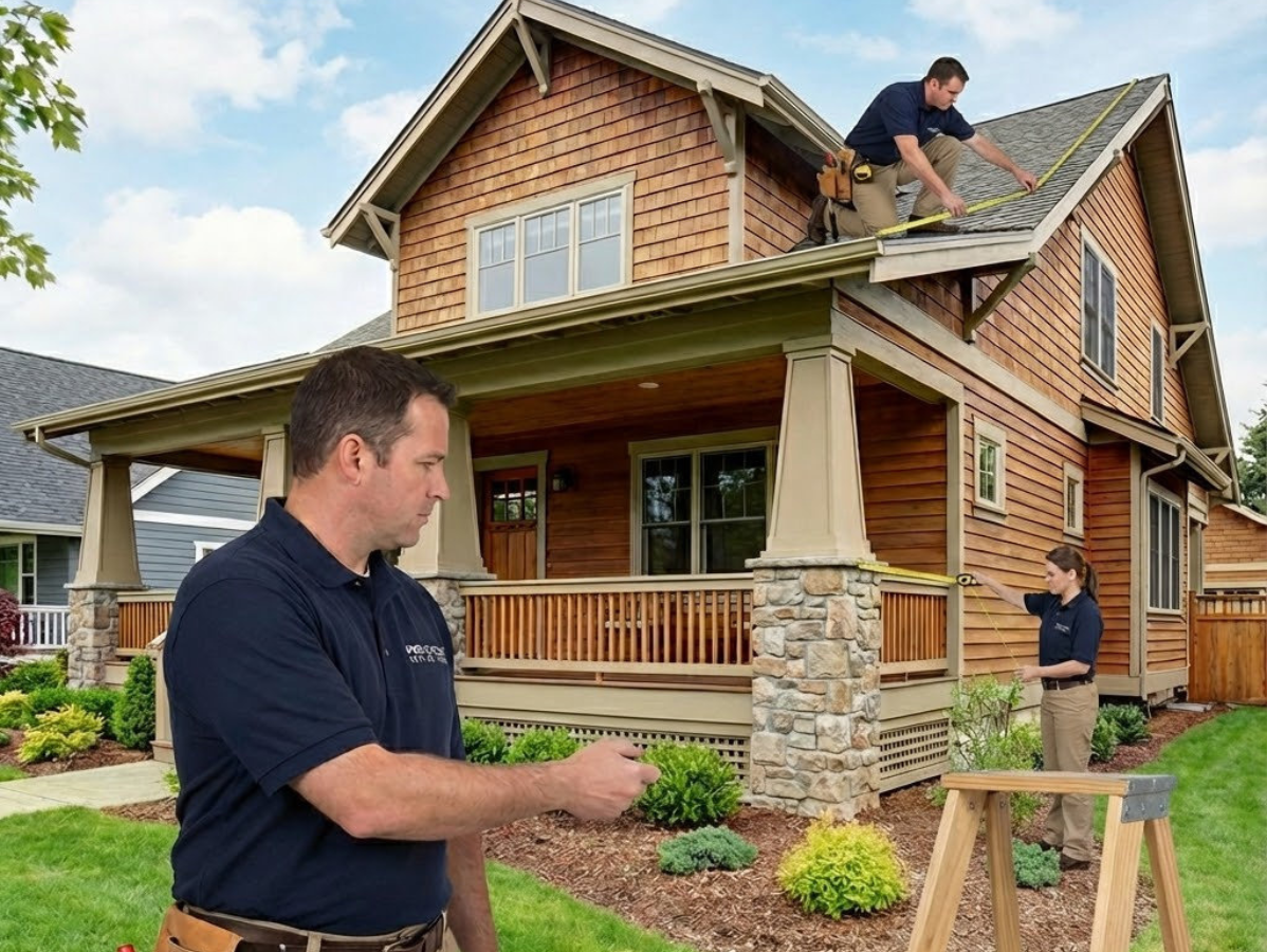 Roofers inspecting and working on a two-story house. One points while others measure on the roof.