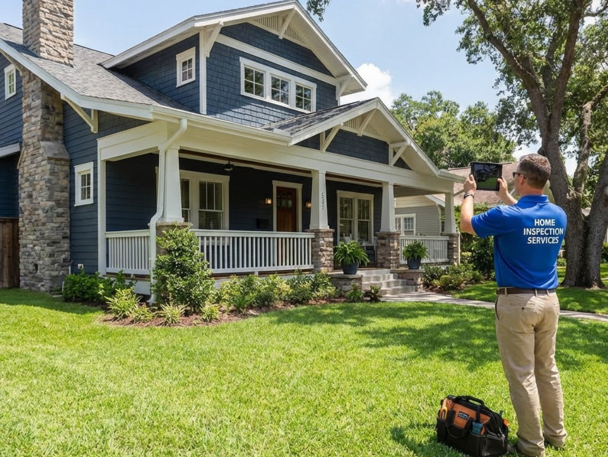 Home inspector photographing a dark blue house with a tablet on a sunny day.