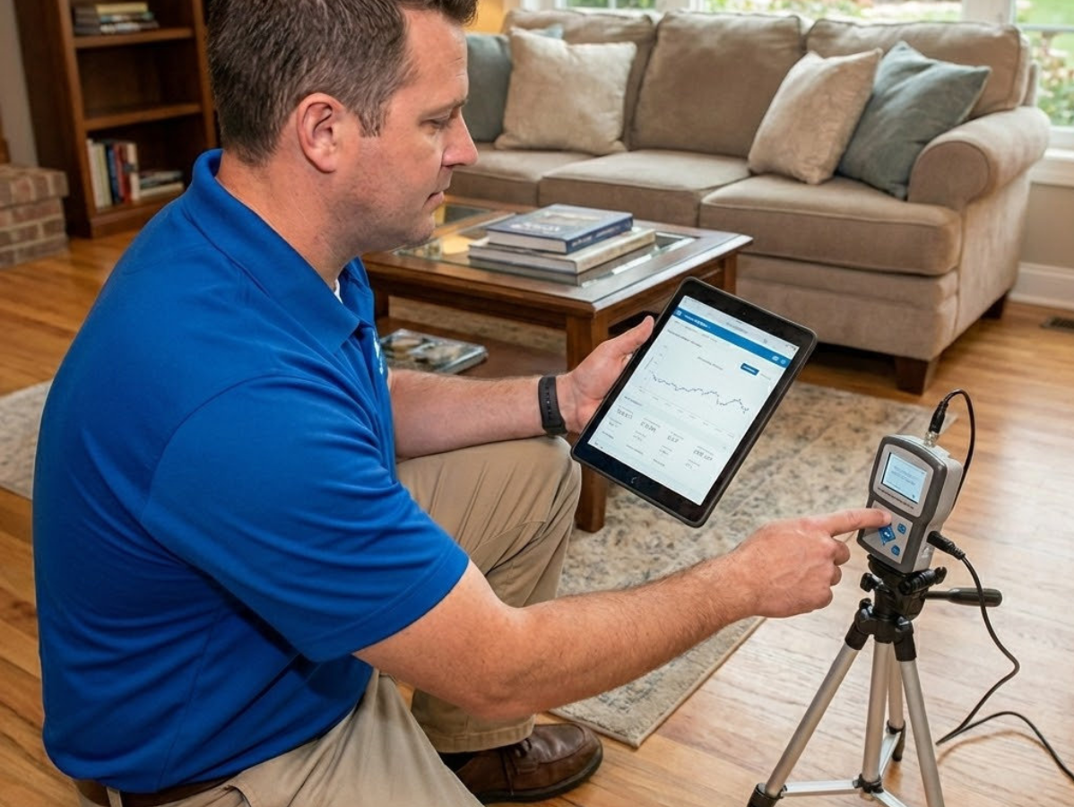 Man in blue shirt kneels indoors, using a tablet and a device on a tripod to measure air quality.