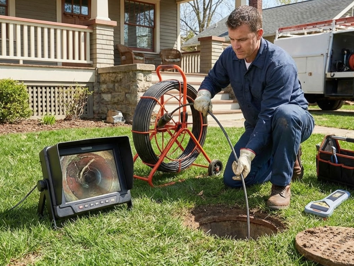 Plumber using a camera to inspect a sewer line in a residential yard. A monitor displays the inside of the pipe.