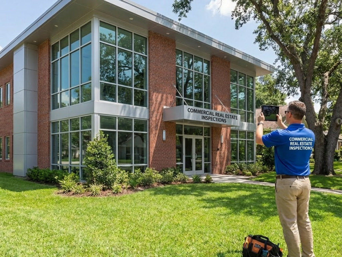 Man in blue shirt takes photo of building with large windows and brick facade.