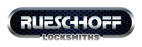 Logo for Rueschhoff Locksmiths. Looks like shiny metal.