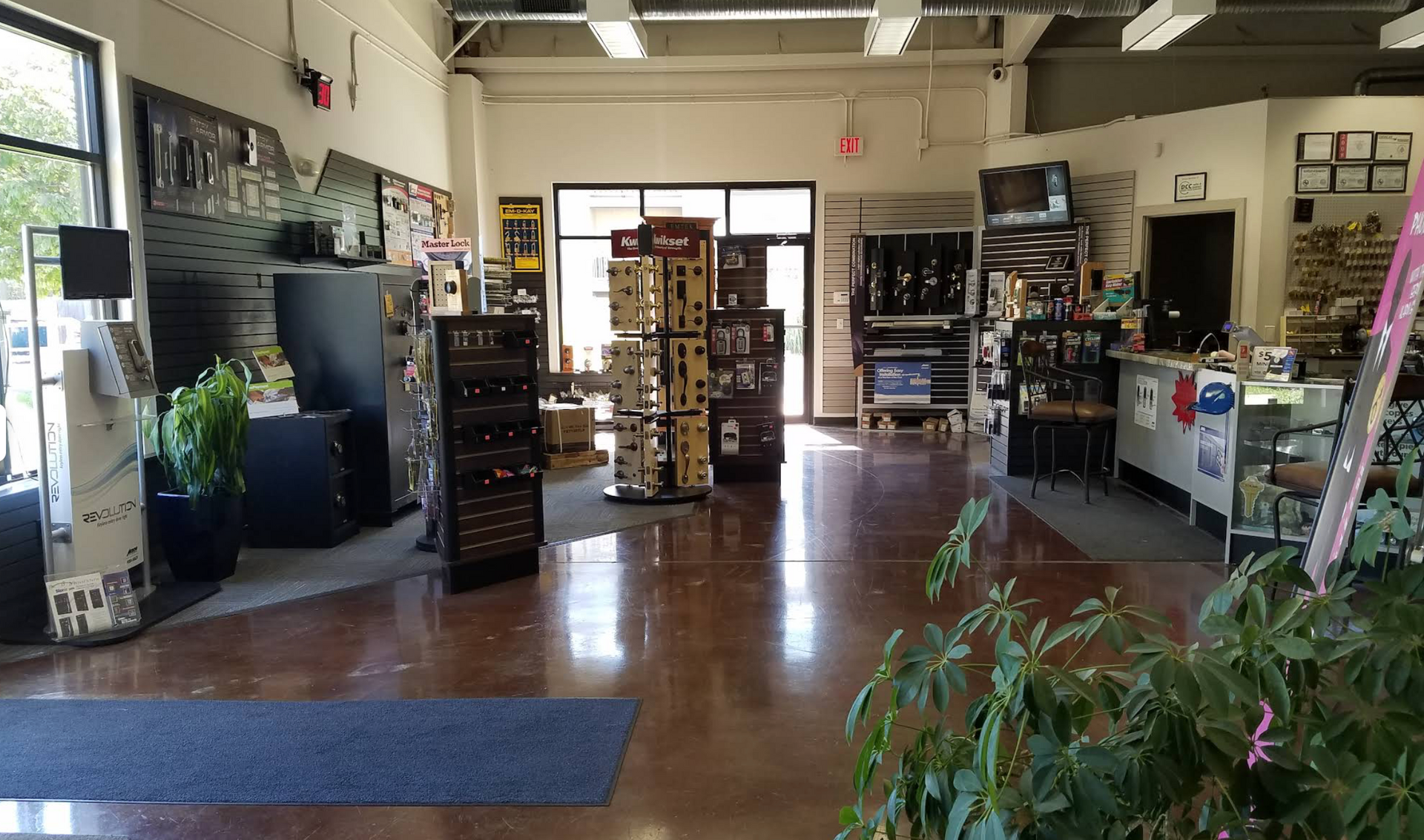 Interior of Rueschhoff Locksmiths business with a showroom of door knobs, locks, and safes.
