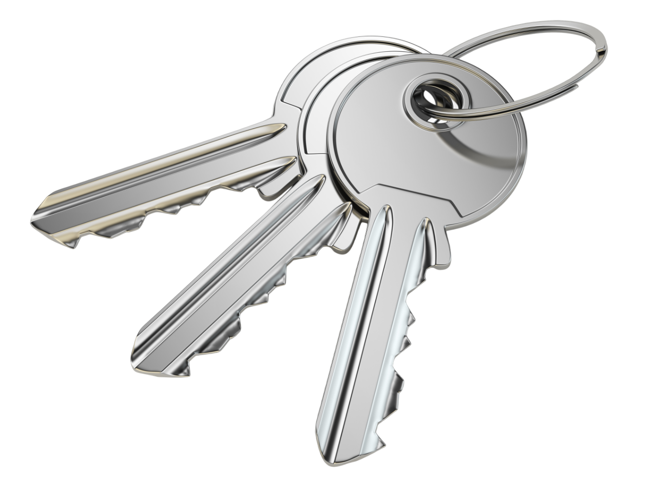 Picture of three identical keys on a key ring.