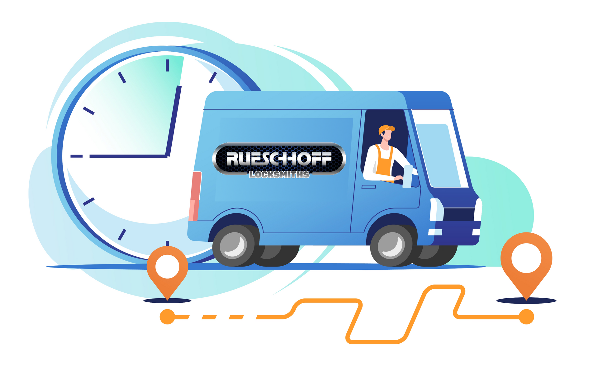 Infographic with illustrated van with Rueschhoff Locksmiths logo that is driving to home in and around Lawrence Kansas.