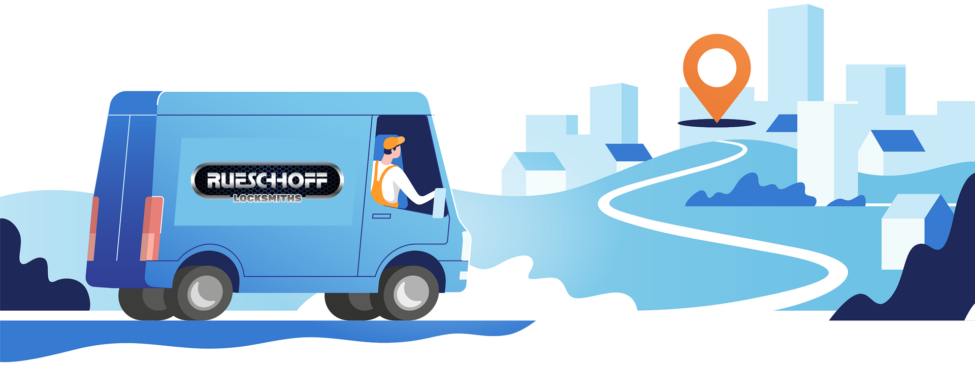 Infographic with illustrated van with Rueschhoff Locksmiths logo that is driving to another city in Iowa