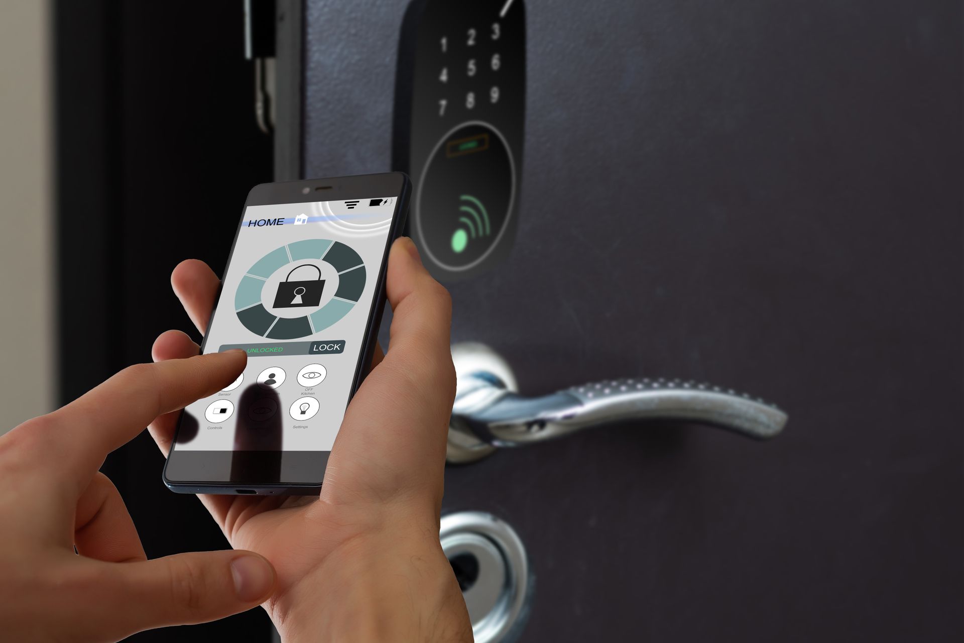A person is using their phone to unlock a commercial door.