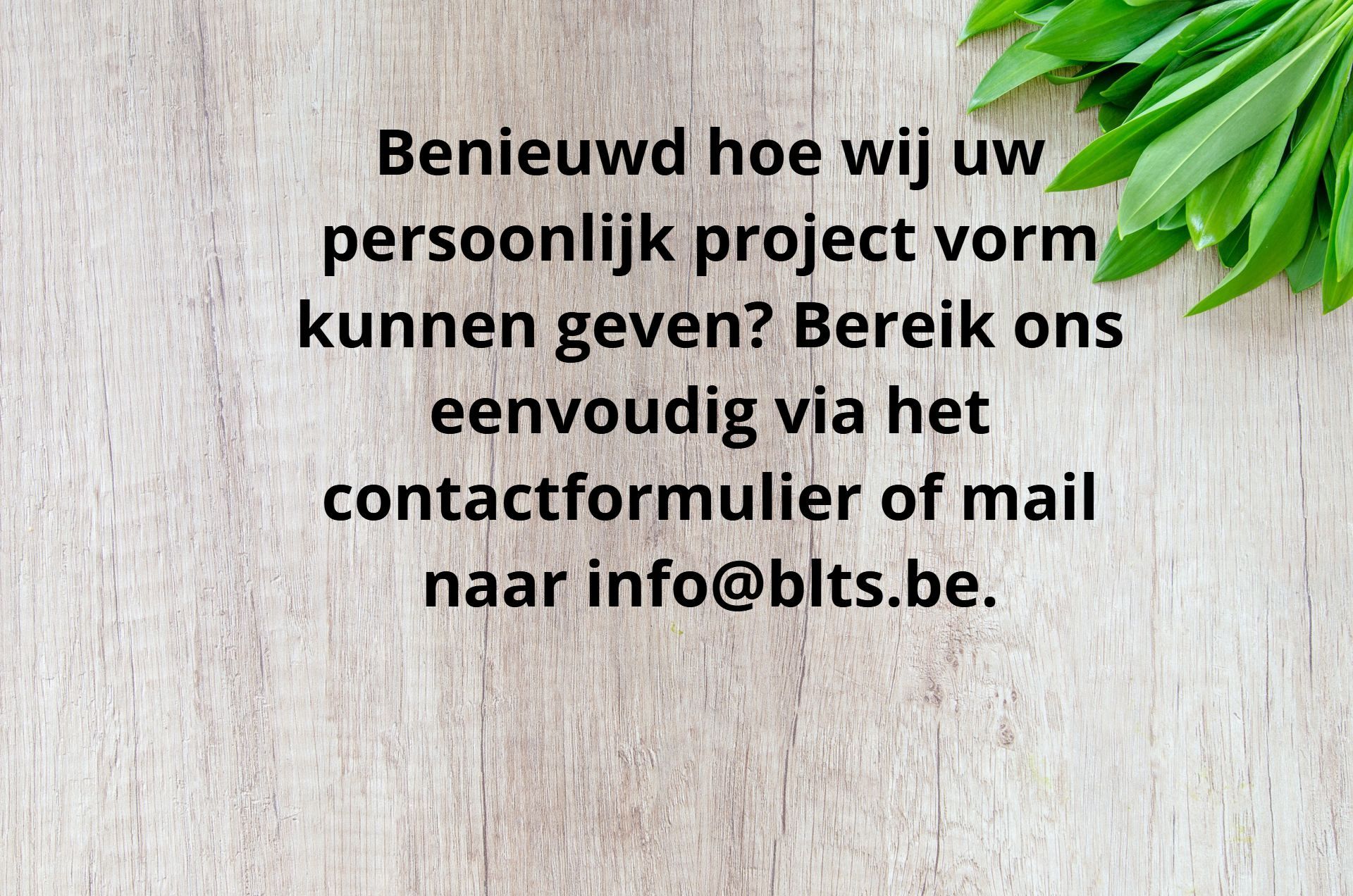 Tekst op houten achtergrond met de vraag hoe ze hun persoonlijke projecten vorm kunnen geven. Contact via het formulier of mail naar info@blts.be.