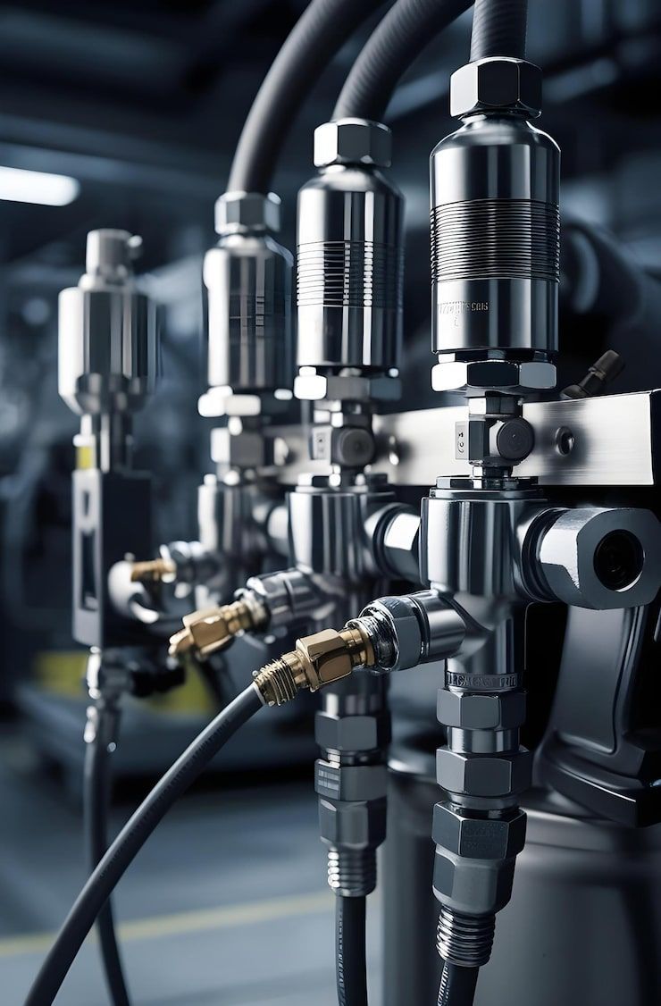 Close-up of industrial machinery with chrome valves, black hoses, and metal fittings in a factory setting.
