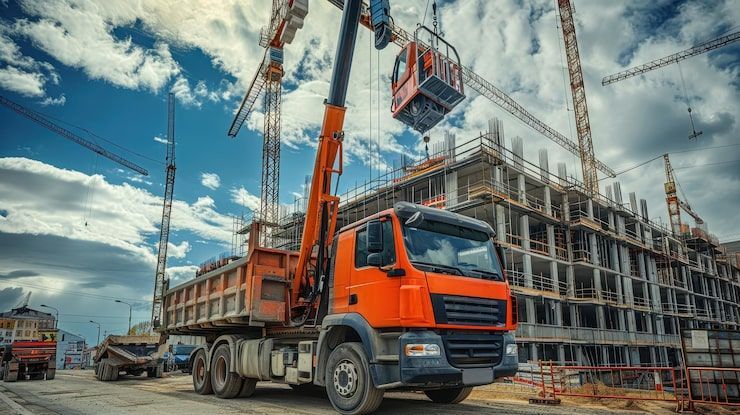 Orange crane truck at construction site with building and cranes.