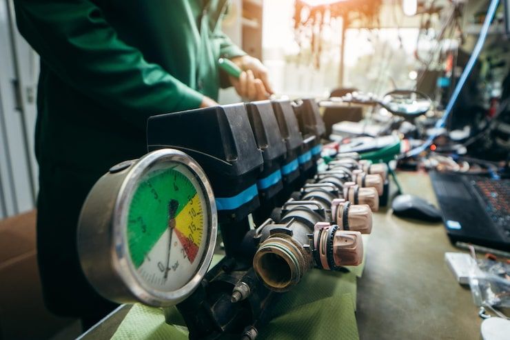 Person in green working on plumbing with gauge and valves.