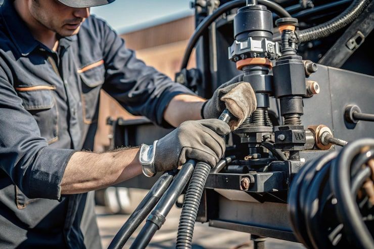 Mechanic in gloves fixing machinery, outdoors. Dark blue workwear, sunlight.