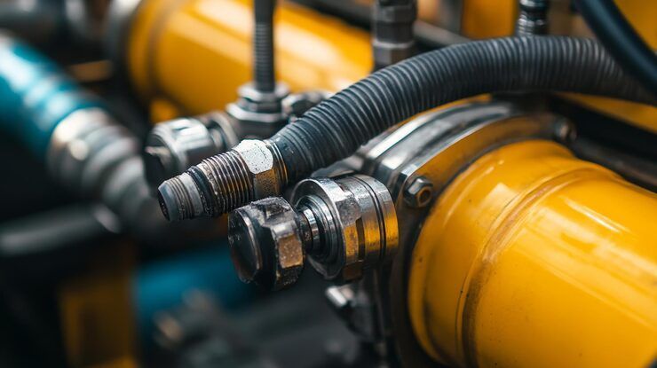 Close-up of industrial machinery, including yellow cylinders, metal fittings, and a flexible black hose.