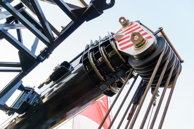 Black crane arm with pulleys and red/white striped hook, sky background.