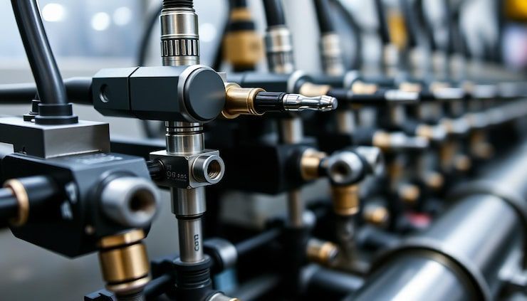 Close-up of industrial machinery with black tubes, metal fittings, and brass connectors.
